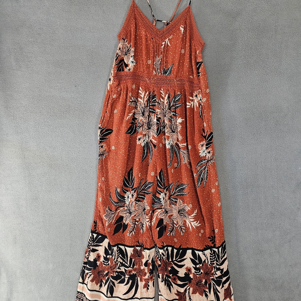 Patrons Of Peace Womens Jumpsuit Romper XS Crinkle Brown Floral Wide Leg Boho
